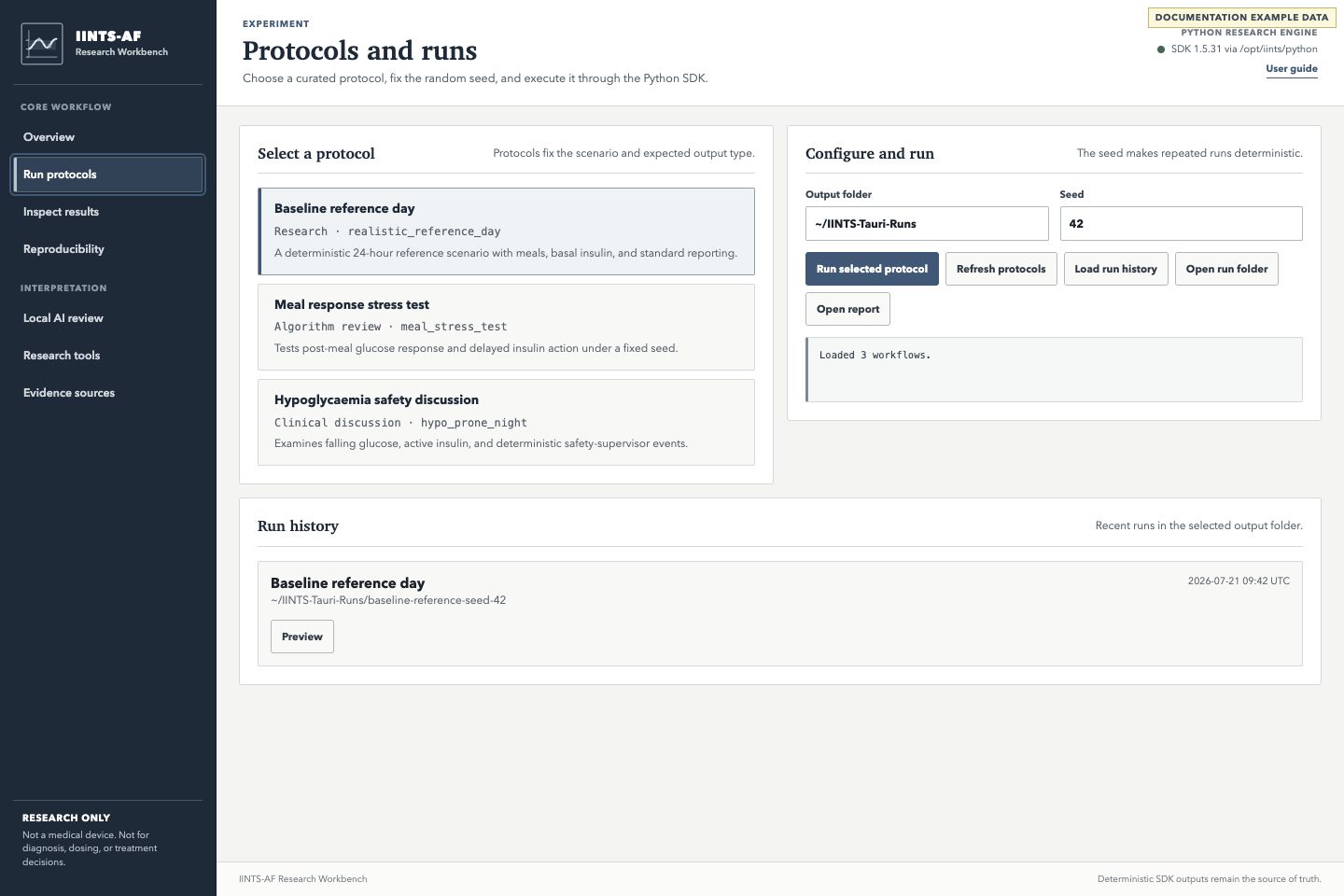 Protocol selection, deterministic seed, output folder, and run history