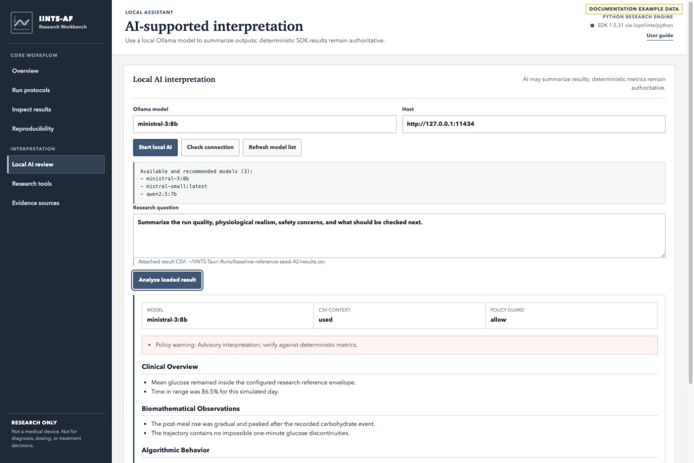 Local AI workspace showing model selection, question context, policy status, and a readable answer
