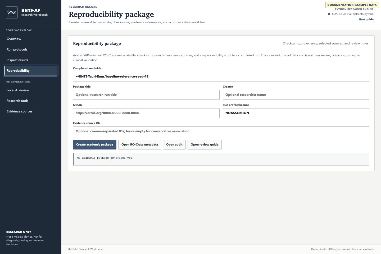 Reproducibility package form with run path, creator, ORCID, licence, and evidence IDs