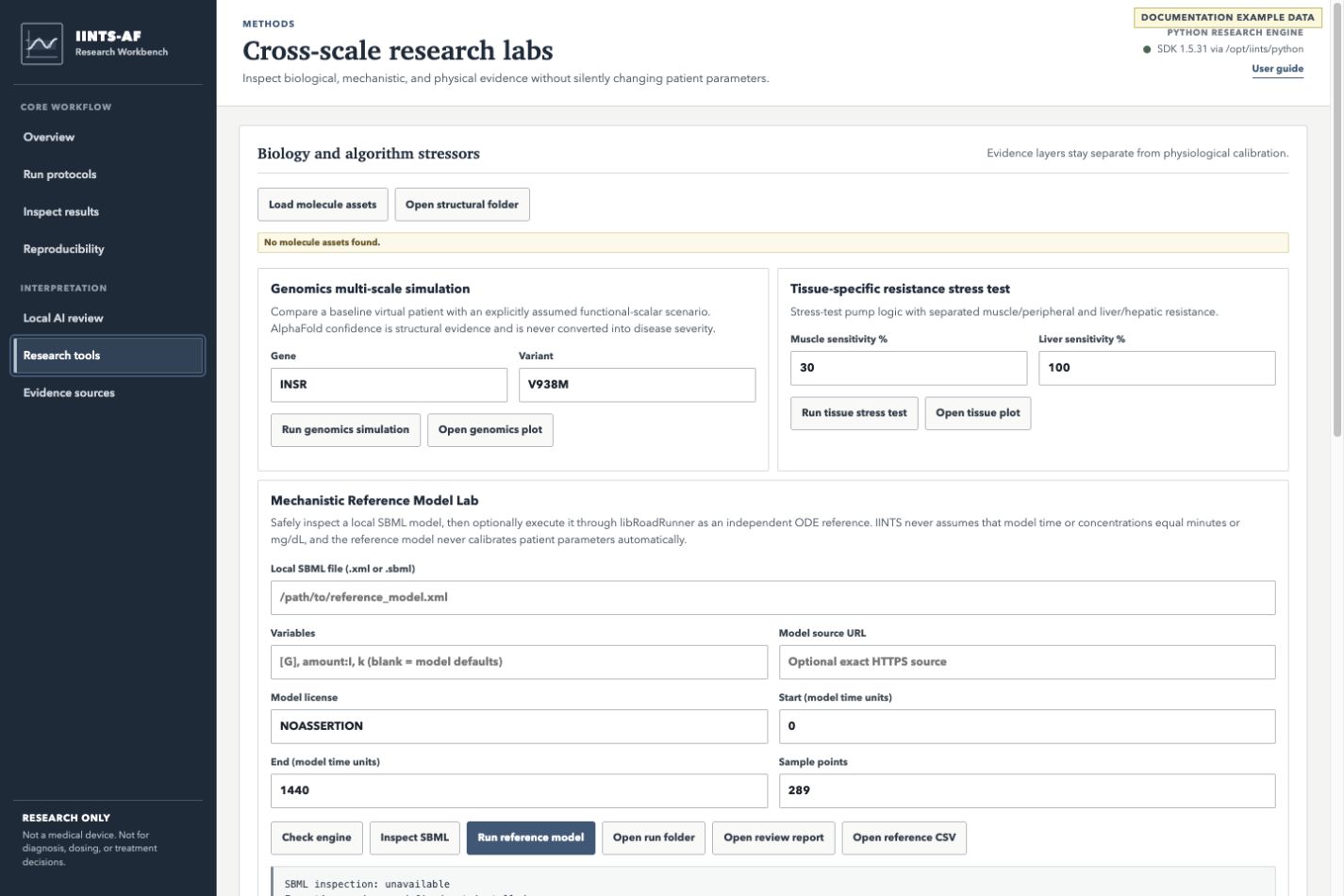 Research tools workspace with genomics, tissue stress, and independent reference model controls