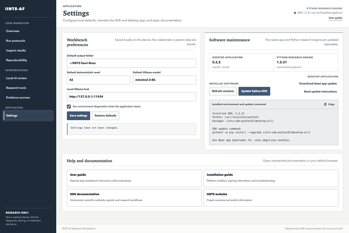 Settings workspace with local preferences, app and SDK versions, update controls, and documentation links