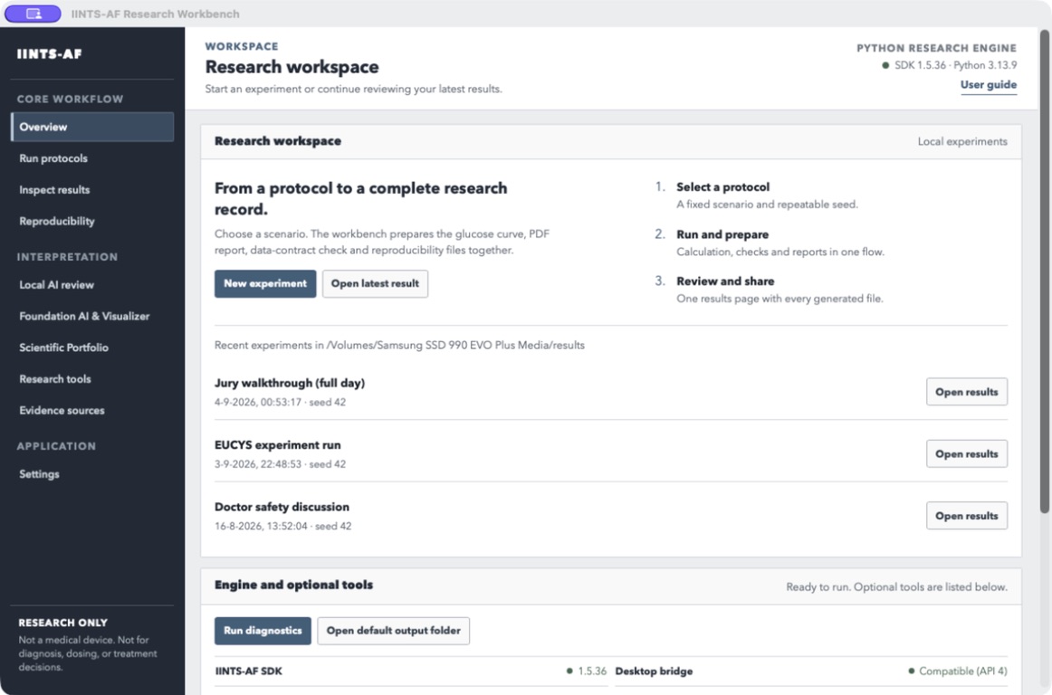 Native research workspace with recent experiments